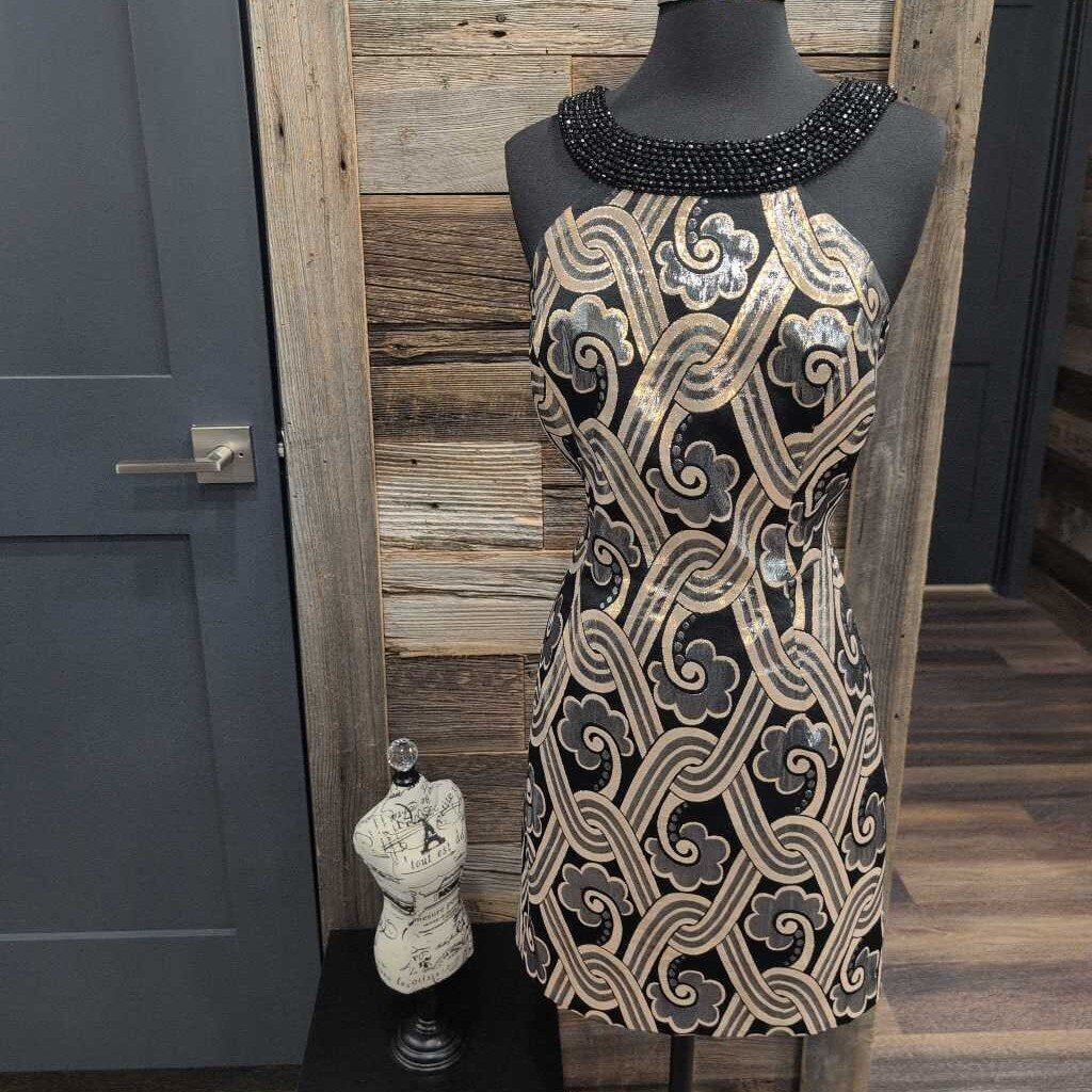 Sydney Brocade Metallic Embellished Halter Dress