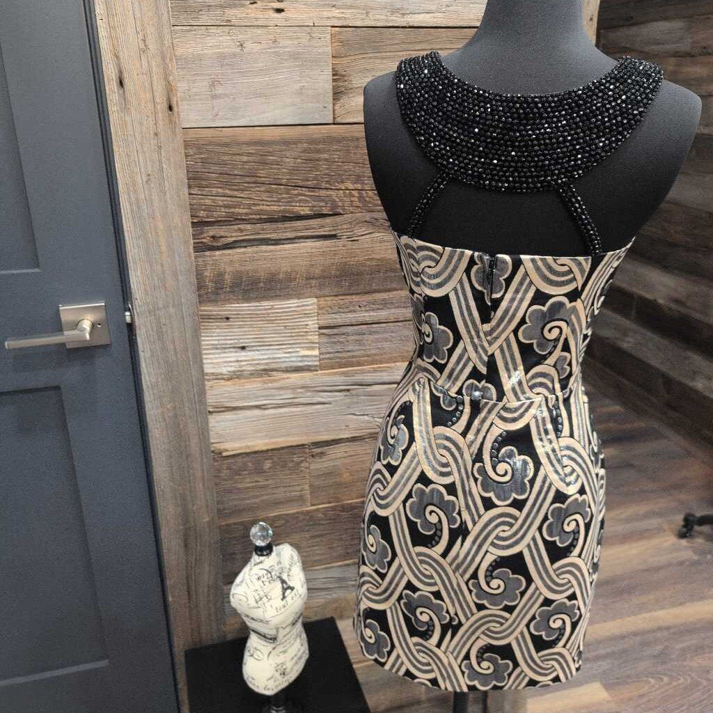 Sydney Brocade Metallic Embellished Halter Dress