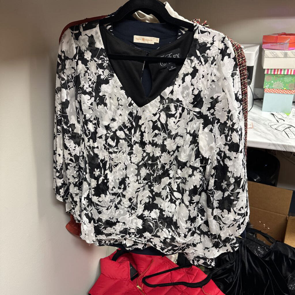 ALEX EVENINGS LS V NECK FLORAL TIERED BLOUSE