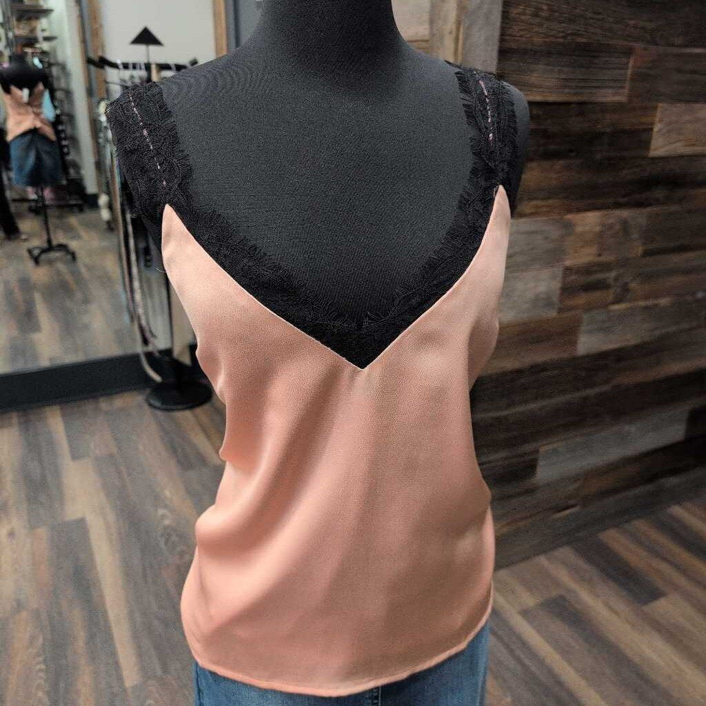 AAKAA FAUX SILK V NECK TANK W/ BLACK LACE TRIM