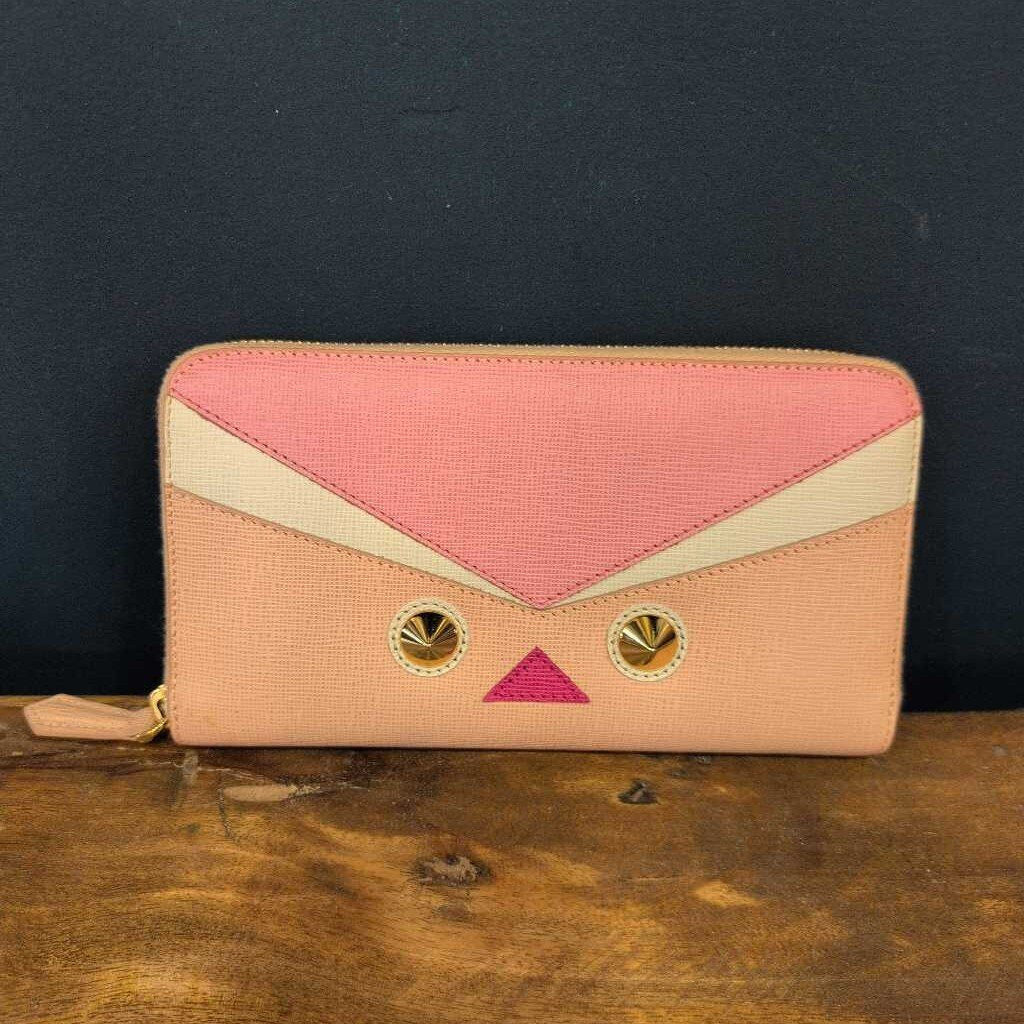 FENDI VITELLO LEATHER STUDDED BIRD EYE MONSTER WALLET