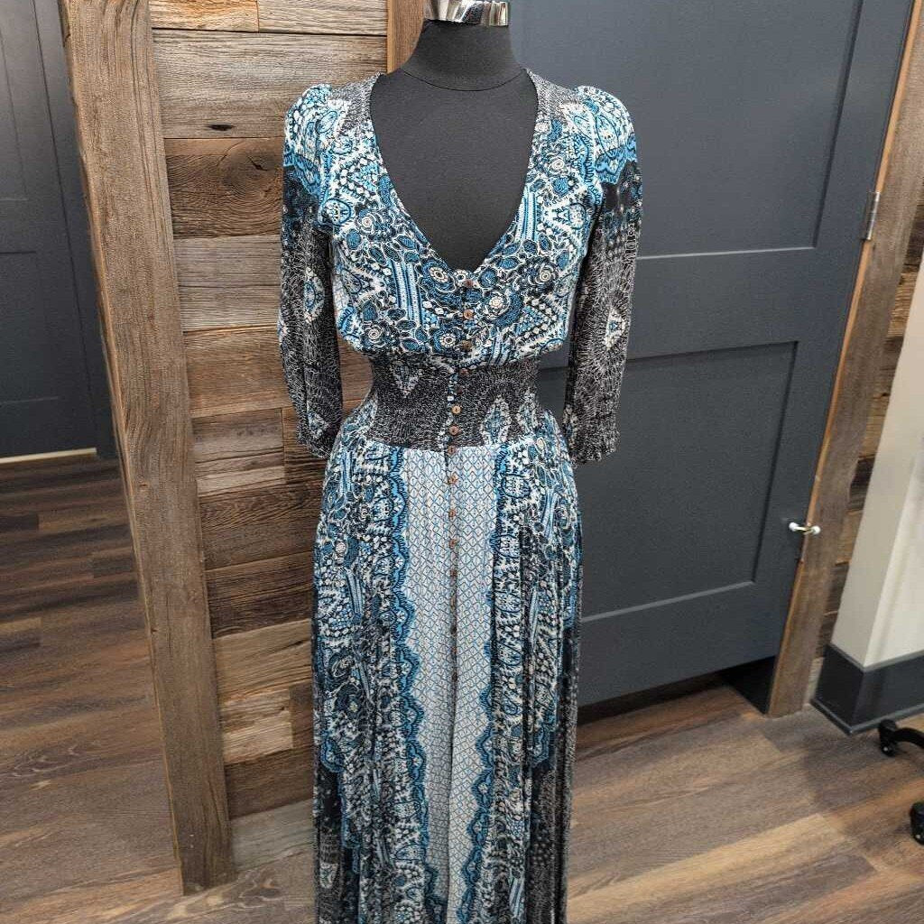 FREE PEOPLE LS MAXI W/ BUTTONS & RUCHED MIDDLE