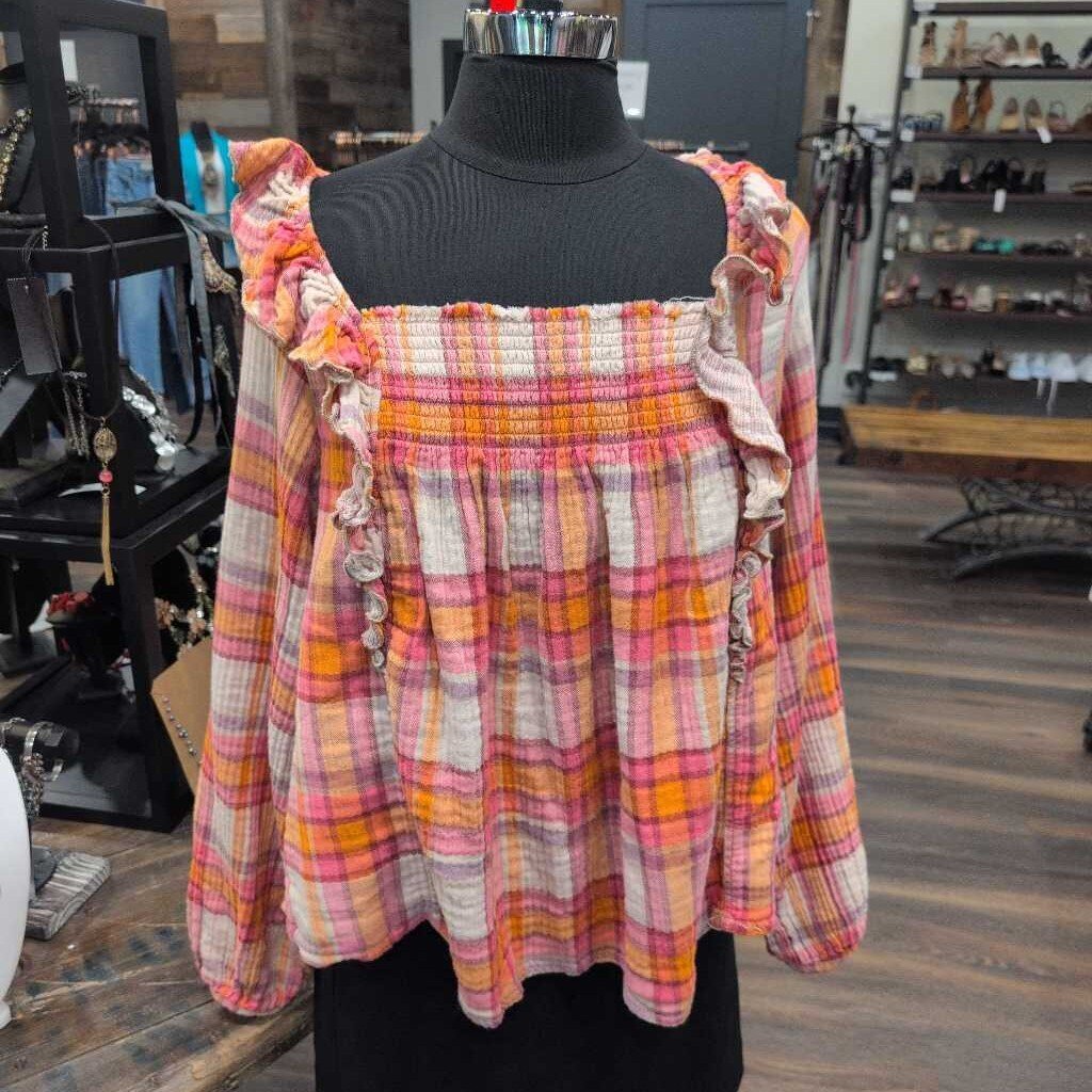 FREE PEOPLE LS SQUARE NECK RUFFLE PLAID PEASANT