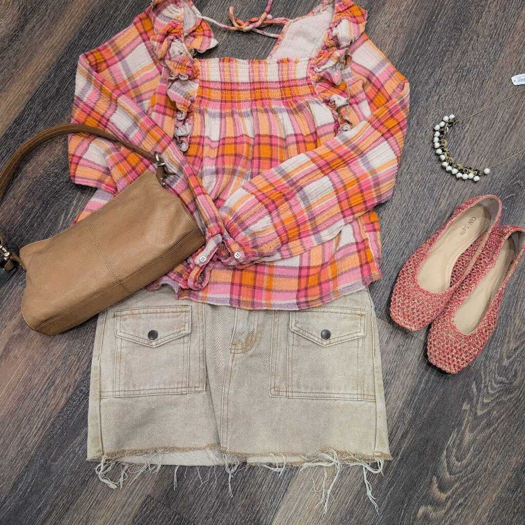 FREE PEOPLE LS SQUARE NECK RUFFLE PLAID PEASANT