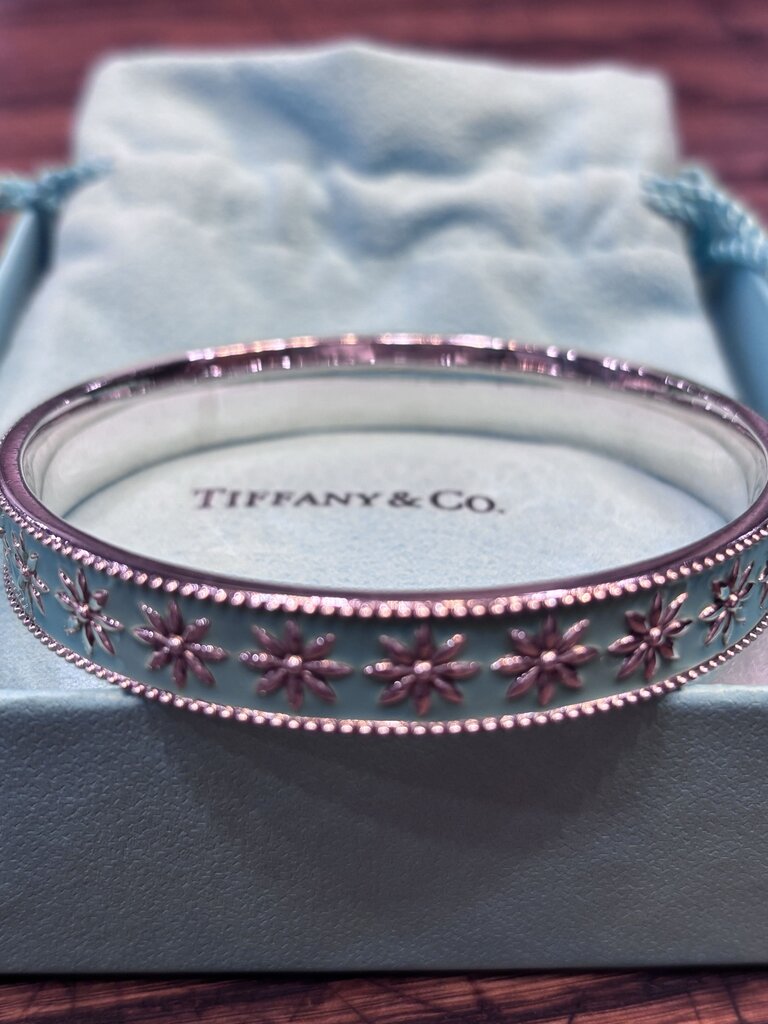 TIFFANY & CO ENAMELED FLOWER BANGLE W/ MILGRAIN EDGE