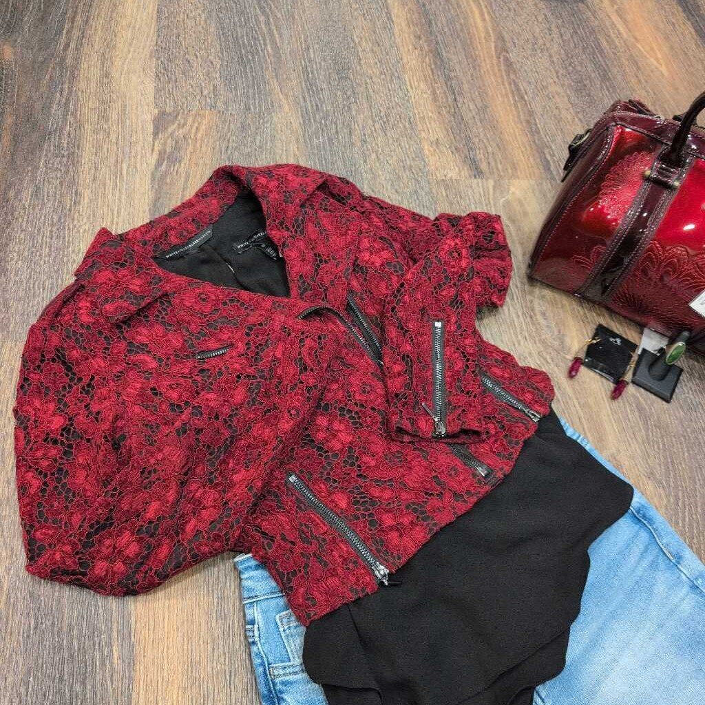 WHBM LS COLLARED ZIP UP LACE OVERLAY