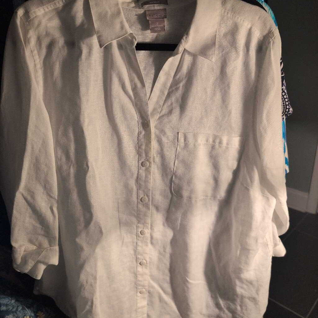 CHICO'S 3/4 SLEEVE COLLAR BU NO IRON LINEN